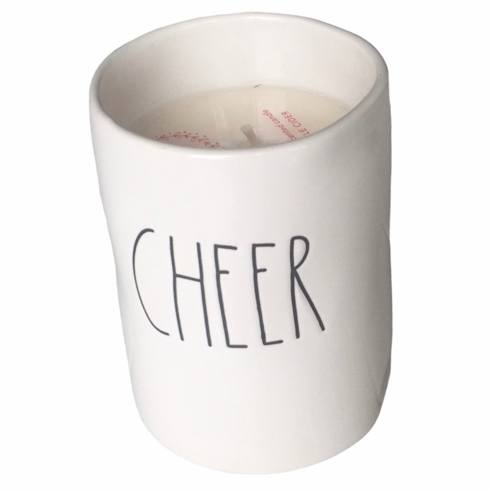 RAE DUNN Candle Apple Cider Scented Ivory Ceramic with CHEER Etching 11.4 oz